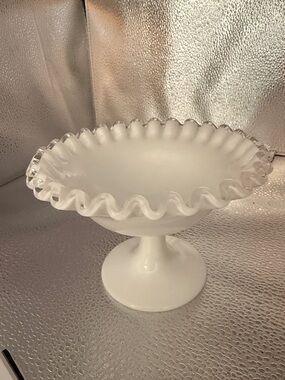 Vintage Fenton Silver Crest Milk Glass Ruffled Edge Compote Dish